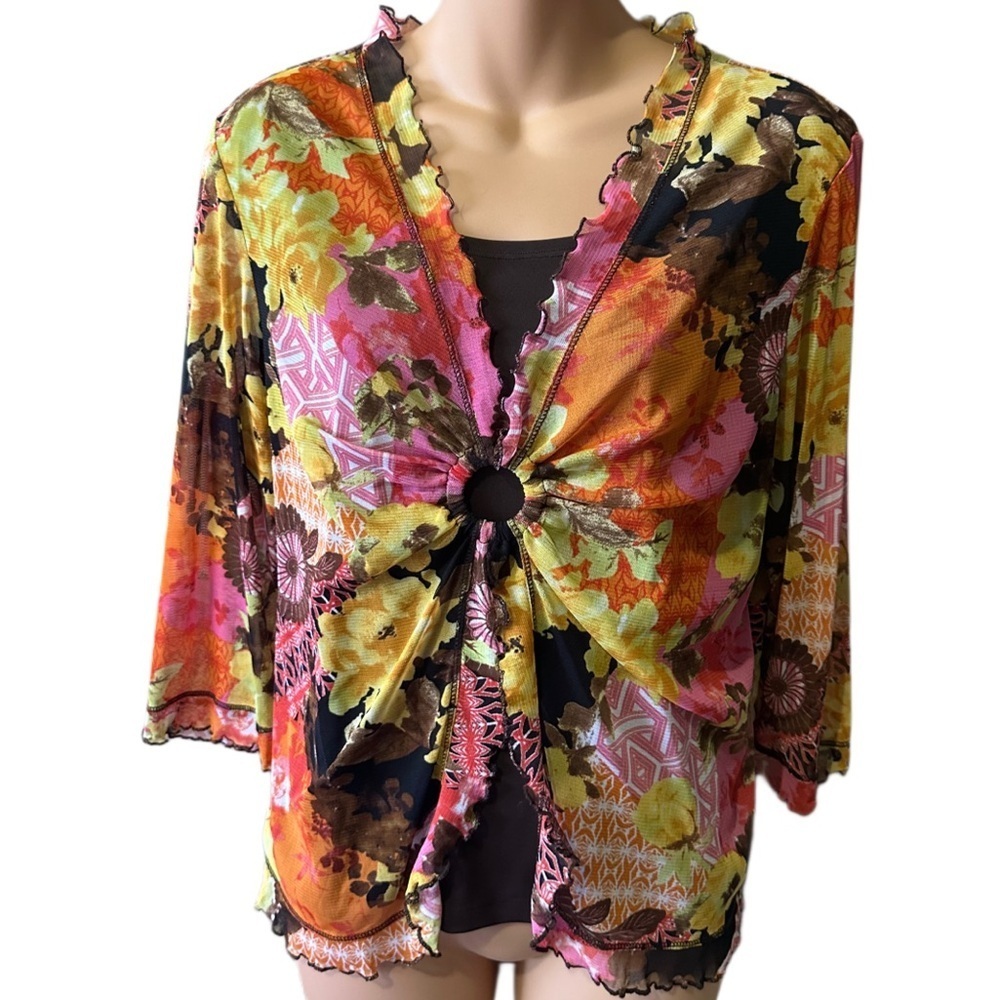 Laura Ashley Vintage Multicolor Micro-mesh Wrap Top with Ring Closure